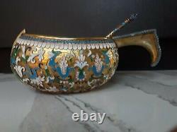 Exceptional Antique Imperial Russian Silver Enamel Kovsh By Gerachev Brothers