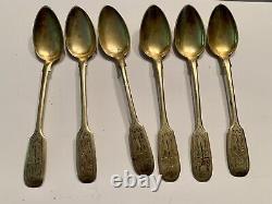 FS 6 Russian Turkish 84 Sterling Silver Imperial Tea Spoons Carvings Gold 103 G