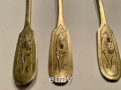 FS 6 Russian Turkish 84 Sterling Silver Imperial Tea Spoons Carvings Gold 103 G