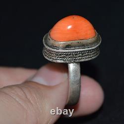 Faberge Design Imperial Russian 19th VTG Antique BIG CORAL RING SILVER 84 Salmon