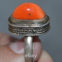 Faberge Design Imperial Russian 19th VTG Antique BIG CORAL RING SILVER 84 Salmon