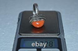 Faberge Design Imperial Russian 19th VTG Antique BIG CORAL RING SILVER 84 Salmon