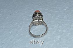 Faberge Design Imperial Russian 19th VTG Antique BIG CORAL RING SILVER 84 Salmon