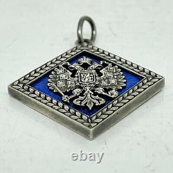 Faberge Russian 88 Silver Guilloche Enamel Pendant Imperial Double Headed Eagle