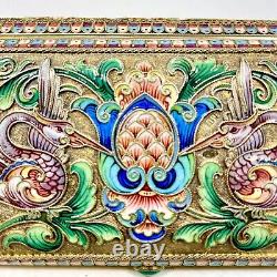 Fantastic Antique 84 silver enamel Russian Imperial Case with Birds Faberge Qlty