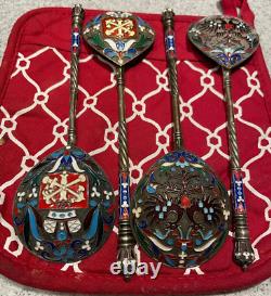 Four Large Antique Imperial Russian Silver Enamel Spoon Ladle Set Of 2 +2