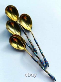 Four Tea Spoons Antique Imperial Russian Gilt Sterling Silver 84 Colored Enamel