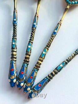 Four Tea Spoons Antique Imperial Russian Gilt Sterling Silver 84 Colored Enamel