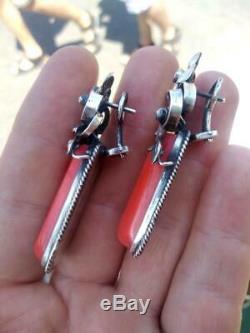 Huge Antique Imperial Russian Sterling Silver 84 Earrings Women's Jewelry Coral