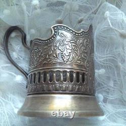 Huge Antique imperial USSR Etched Glass Tea Cup Holder Silver Plated Grapes Rare