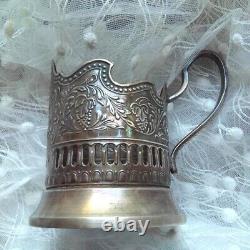 Huge Antique imperial USSR Etched Glass Tea Cup Holder Silver Plated Grapes Rare