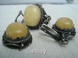 Huge Set Antique Soviet USSR Earrings Ring Sterling Silver 925 Royal Amber Women