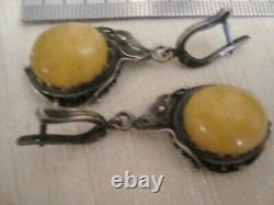 Huge Set Antique Soviet USSR Earrings Ring Sterling Silver 925 Royal Amber Women