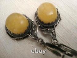 Huge Set Antique Soviet USSR Earrings Ring Sterling Silver 925 Royal Amber Women