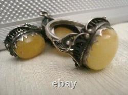 Huge Set Antique Soviet USSR Earrings Ring Sterling Silver 925 Royal Amber Women