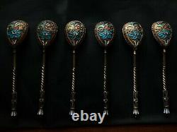 Imperial Russia Silver Cloisonné Enamel SIX Spoon Set, Russian art