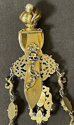 Imperial Russian 84 Gilded Silver, Garnets, Pearls and Sapphire Chatelaine/Fob