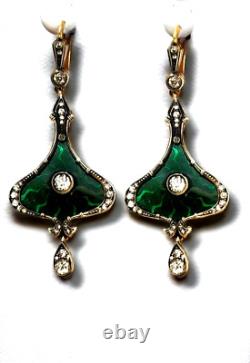 Imperial Russian Antique 56 Gold (14k gold) Art Deco Green Enamel Earrings