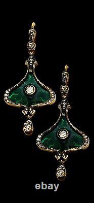 Imperial Russian Antique 56 Gold (14k gold) Art Deco Green Enamel Earrings