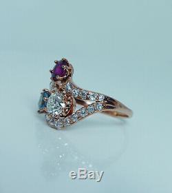 Imperial Russian European Diamond Ruby Aquamarine Ring 14K Pink Gold Antique56