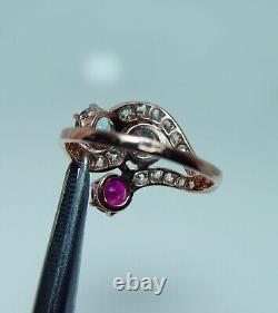Imperial Russian European Diamond Ruby Aquamarine Ring 14K Pink Gold Antique56