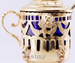 Imperial Russian Faberge Gilt Silver Cobalt Blue Crystal Caviar Holder & Spoon