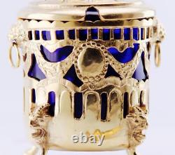 Imperial Russian Faberge Gilt Silver Cobalt Blue Crystal Caviar Holder & Spoon
