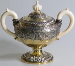 Imperial Russian Faberge Hand Engraved Silver Tea Set by Julius Rappoport-2.2kg