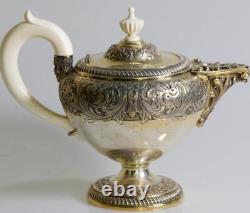 Imperial Russian Faberge Hand Engraved Silver Tea Set by Julius Rappoport-2.2kg
