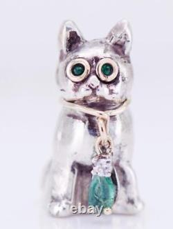 Imperial Russian Faberge Jewelled Silver Cat Figurine by Julius Rappoport 1880