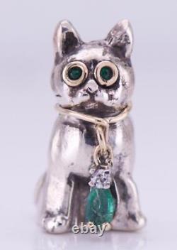 Imperial Russian Faberge Jewelled Silver Cat Figurine by Julius Rappoport 1880