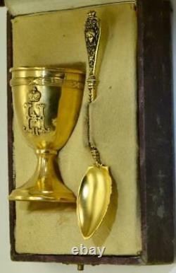 Imperial Russian Faberge Orthodox Baptism Gilt Silver Spoon Goblet set c1896 Box