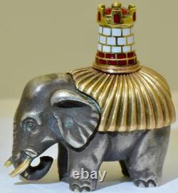 Imperial Russian Faberge Silver Gold Enamel Elephant Figurine-Michael Perkhin
