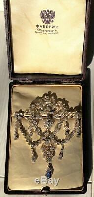 Imperial Russian Royal Family Faberge 18k gold, 23ct Diamonds&Sapphire brooch. Box