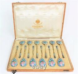 Imperial Russian Silver-Gilt and Enamel Cloisonné Spoon Set of 12+Box, 84 Moscow