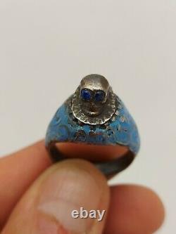 Imperial Russian Silver Ring Enamel Sapphire Memento Mori Skull Doctors Poison
