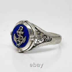 K. FABERGE Russian Imperial 88 Silver Enamel Ring Emperor Yacht Club + Sapphire