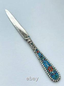 Knife Letter Opener Antique Imperial Russian Sterling Silver 84 Enamel 30.5 gr