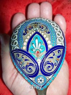 Large Old Russian Imperial Silver 84 Enamel Spoon Feodor Ruckert Faberge Antique
