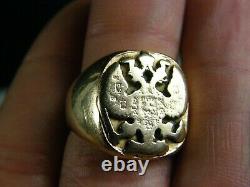 Old Antique 14k Solid Yellow Gold Russian Imperial Double Eagle Crest Ring HEAVY