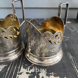 Pair Antique Russian Niello Tea Glass Holders. 875 Solid Sterling Silver 227g