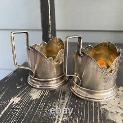 Pair Antique Russian Niello Tea Glass Holders. 875 Solid Sterling Silver 227g