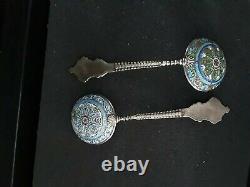 Pair Of Large Antique Imperial Russian Silver Enamel Spoon Ladle