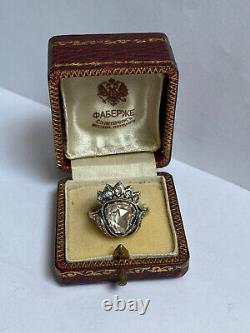 RARE Antique Imperial Russian Faberge Big Diamond 14k 56 Gold Silver Ring