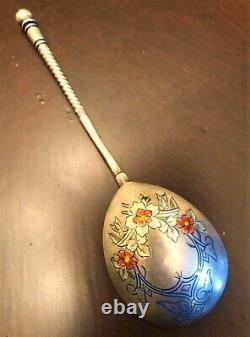 RARE c. 1894 Imperial Russian Spoon 84 Sterling Silver Enamel LARGE 19.7 cm