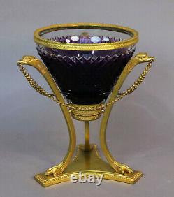 Rare Antique Empire Russian Glass Amethyst Vase Gilt Bronze, Diamond Engraving