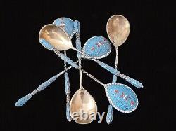 Rare Antique Imperial Russian Cloisonne Enamel 84 Silver Tea Spoon Set 6 Russia
