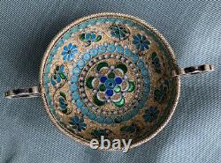 Rare Antique Imperial russian 88 silver enamel two handles dish firm Sazikov