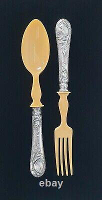 Rare Imperial Russian Chased Silver 84 Salad Service Serving Set Bakelite Rococo