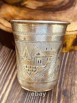 Rare Pair of Antique Imperial Russian 84 Silver Shot Glasses Etched 51gr #5622